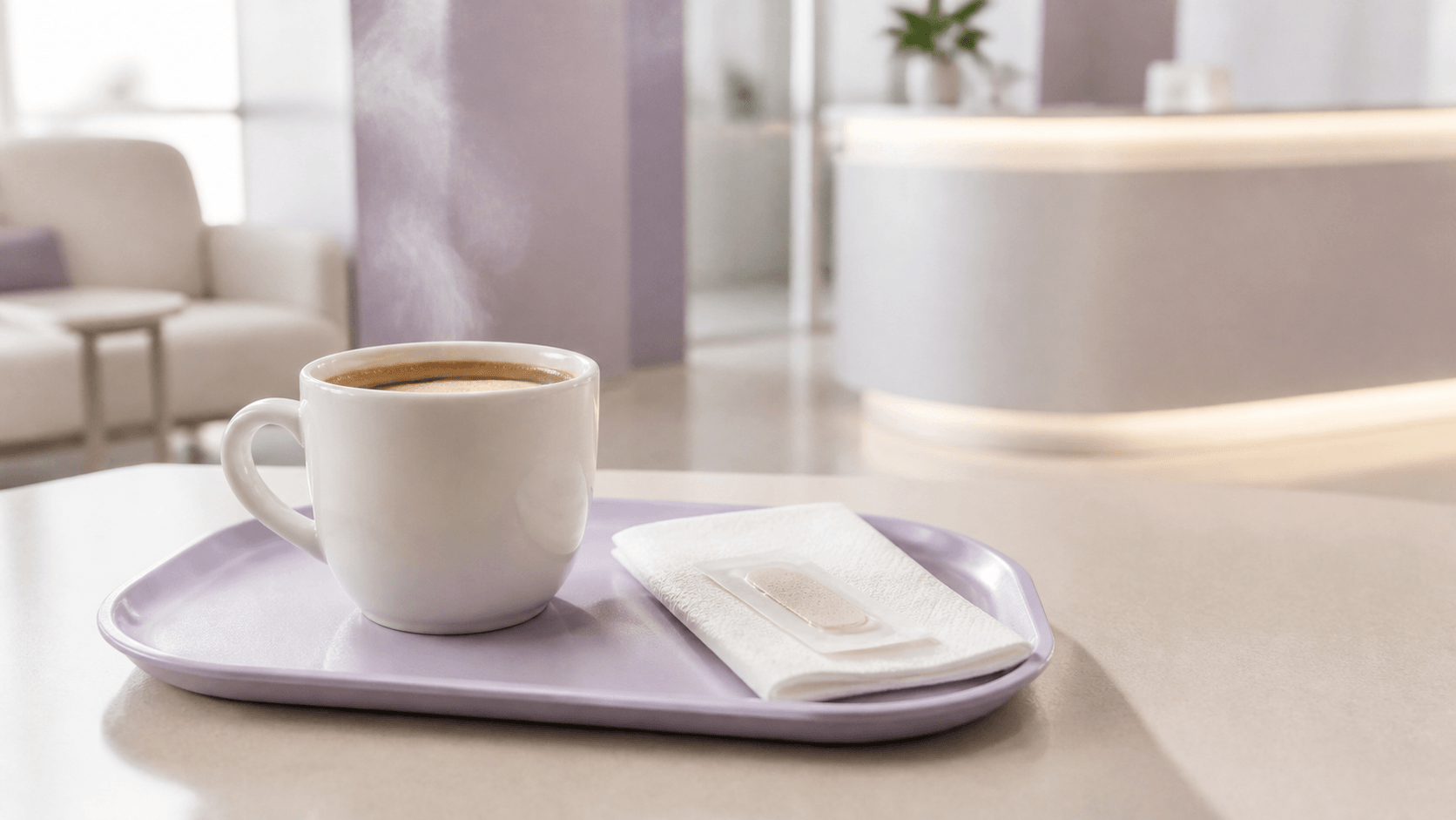 Taza de café servida en una bandeja junto a un apósito